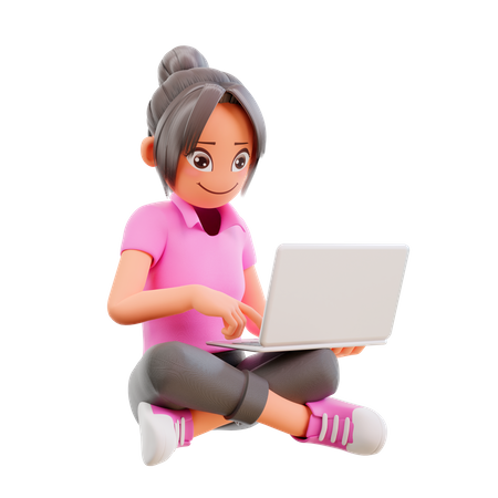 Girl sit crossed legs and studying in laptop 3D Illustration