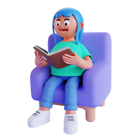 Girl sit on sofa and reading book  3D Icon