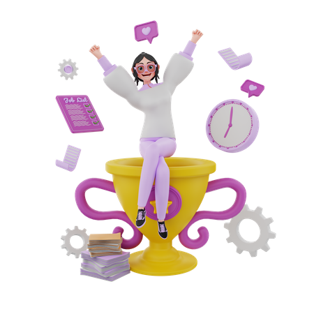 Girl sit on trophy cup  3D Icon