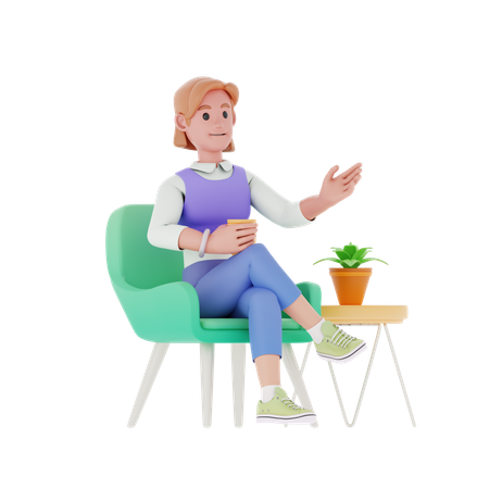 Girl Sitting And Drinking Tea  3D Illustration