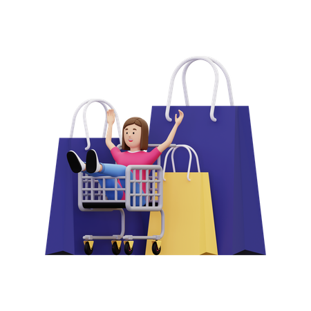 Girl sitting in shopping cart  3D Illustration