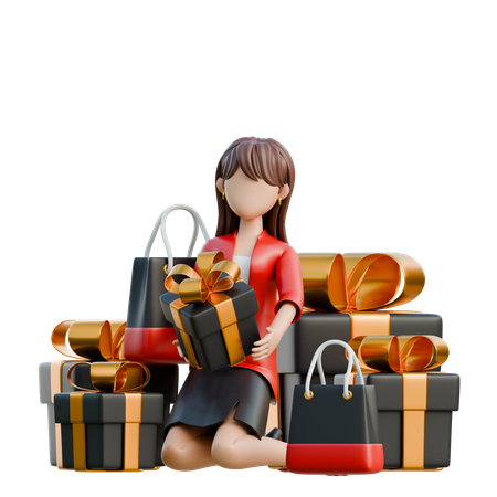 Girl Sitting On A Pile Of Shopping Boxes  3D Illustration