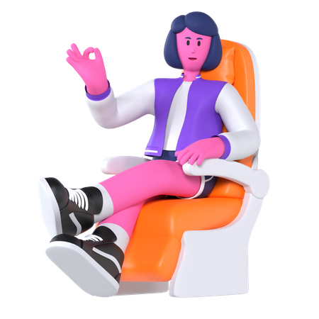 Girl sitting on airplane seat  3D Illustration