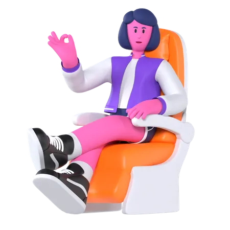 Girl sitting on airplane seat  3D Illustration