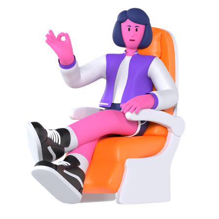 Girl sitting on airplane seat  3D Illustration