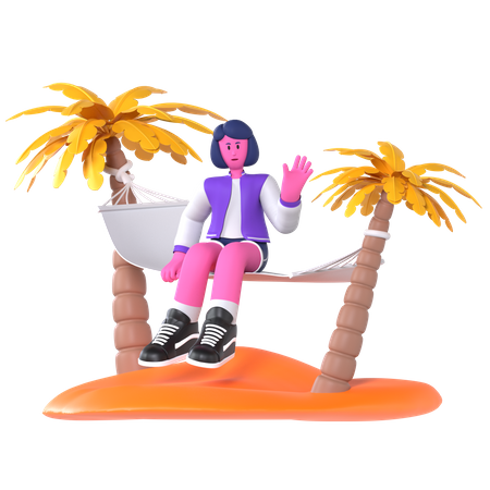 Girl sitting on hammock on coconut tree  3D Illustration