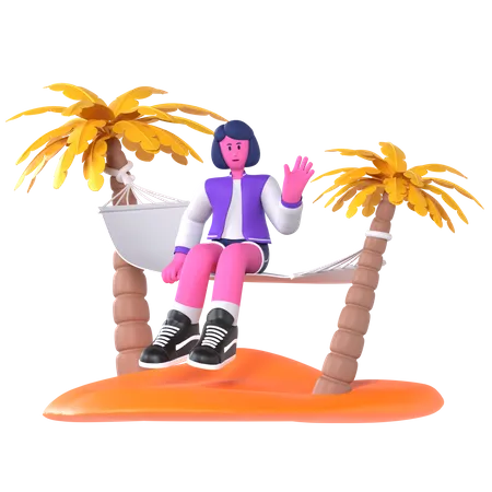 Girl sitting on hammock on coconut tree  3D Illustration