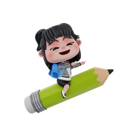 Girl sitting on pencil  3D Illustration