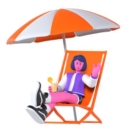 Girl sitting under beach umbrella  3D Illustration