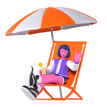 Girl sitting under beach umbrella  3D Illustration