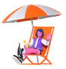 Girl sitting under beach umbrella