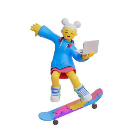 Girl Skateboarding Holding Laptop 3D Illustration