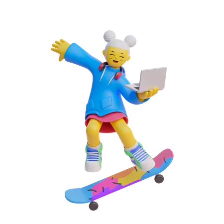 Girl Skateboarding Holding Laptop  3D Illustration