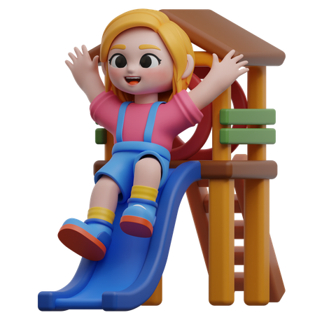 Girl Sliding On Playground Slide  3D Illustration