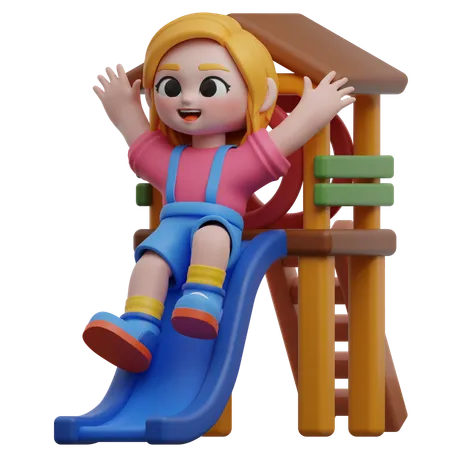 Girl Sliding On Playground Slide  3D Illustration