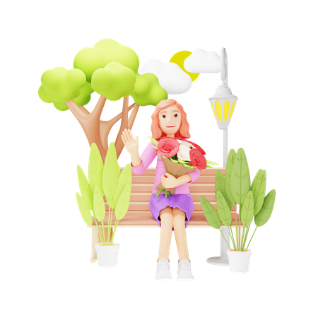 Girl Smiling with Flower Bouquet in Hand  3D Illustration