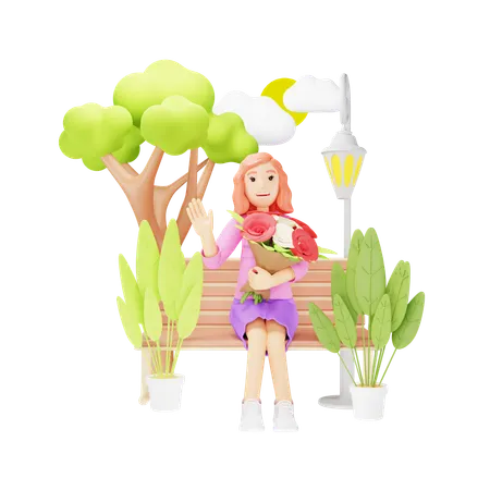 Girl Smiling with Flower Bouquet in Hand  3D Illustration