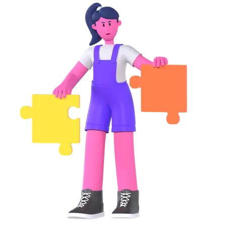 Girl Solving Jigsaw Puzzle  3D Illustration