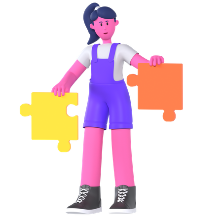Girl Solving Jigsaw Puzzle  3D Illustration
