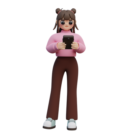 Girl Standing And Look At Smartphone  3D Illustration