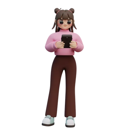 A Young Girl Is Standing And Looking At A Smartphone 3D Illustration