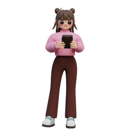 Girl Standing And Look At Smartphone  3D Icon