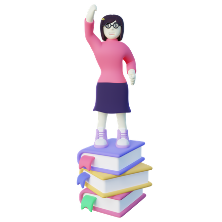 Girl Standing on Stacked Books  3D Illustration