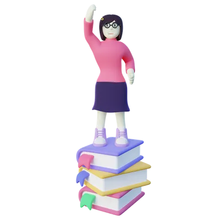 Stylized 3 D Bookworm Girl Standing On Stacked Books 3D Illustration