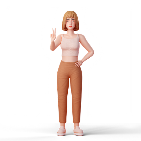 Girl standing while Making Peace Gesture  3D Illustration