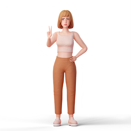 Girl standing while Making Peace Gesture  3D Illustration