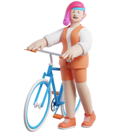 Girl Standing With Bicycle  3D Illustration