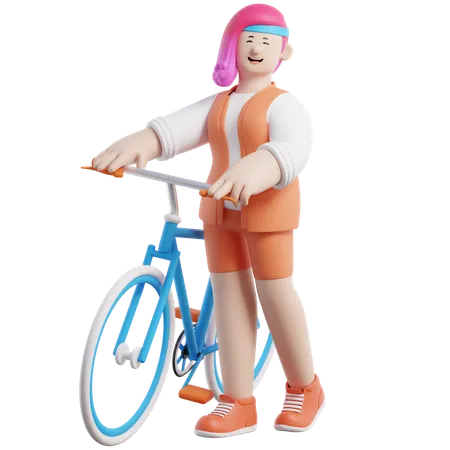 Girl Standing With Bicycle  3D Illustration