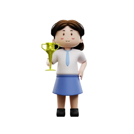 Girl student holding trophy  3D Illustration