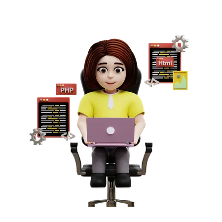 Girl student learning programming  3D Illustration