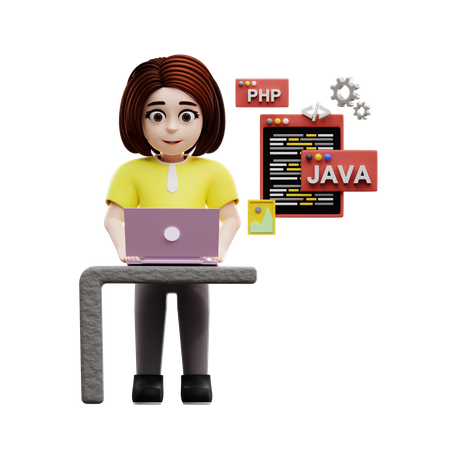 Girl student learning programming  3D Illustration