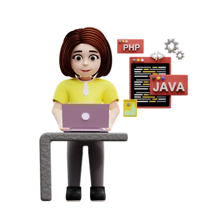 Girl student learning programming  3D Illustration