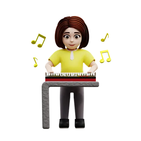 Girl student playing piano  3D Illustration