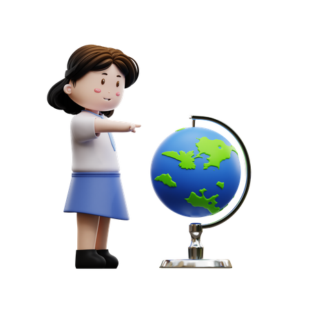 Girl student pointing at globe  3D Illustration