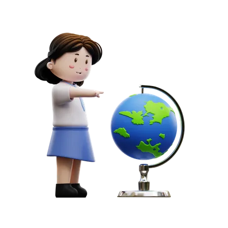 Girl student pointing at globe  3D Illustration