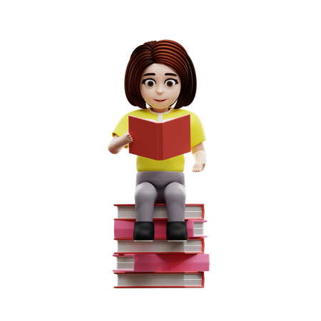 Girl student reading book  3D Illustration