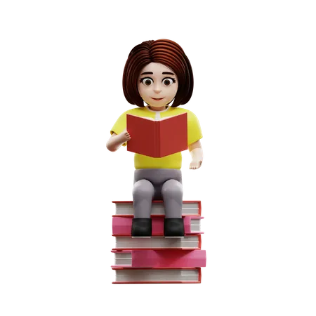 Girl student reading book  3D Illustration