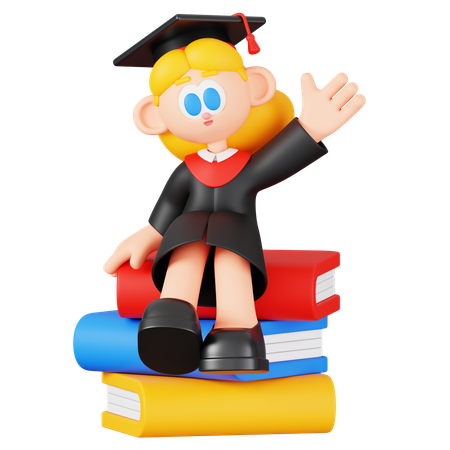 Girl Student Siting On Books  3D Illustration