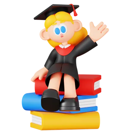 Girl Student Siting On Books  3D Illustration