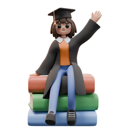 Girl Student Sits On A Giant Stack Of Books  3D Illustration