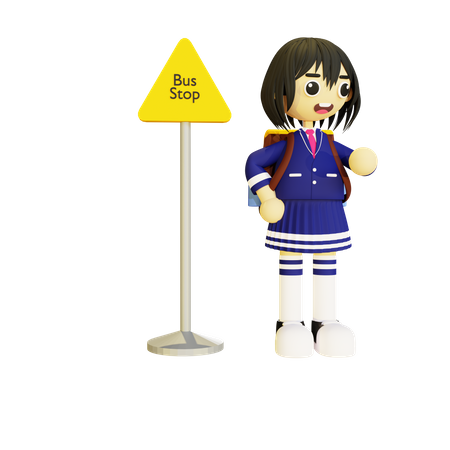 Girl student standing at bus stop  3D Icon