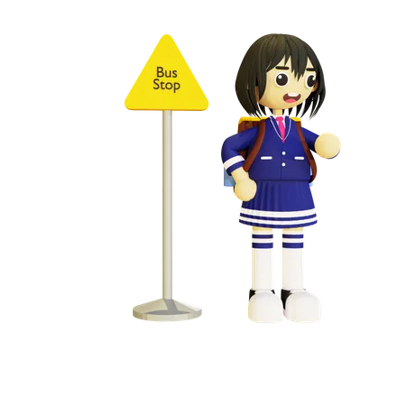 Girl student standing at bus stop  3D Illustration