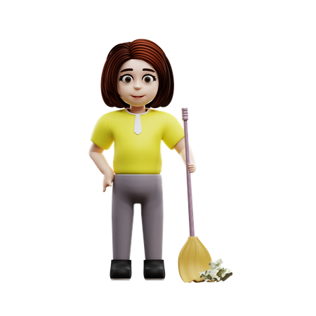 Girl student sweeping  3D Illustration