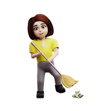 Girl student sweeping  3D Illustration