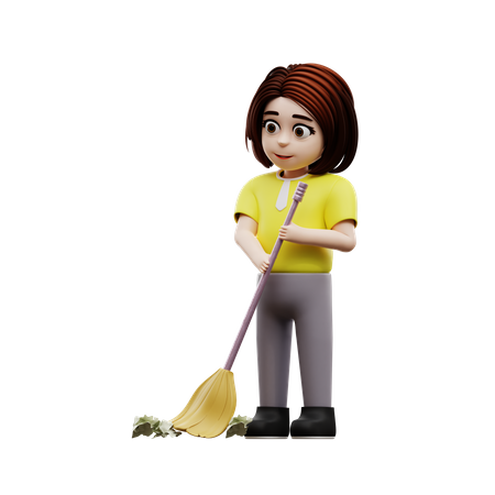 Girl student sweeping  3D Illustration