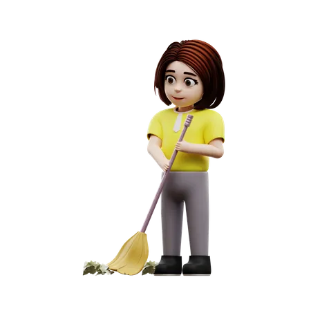 Girl student sweeping  3D Illustration